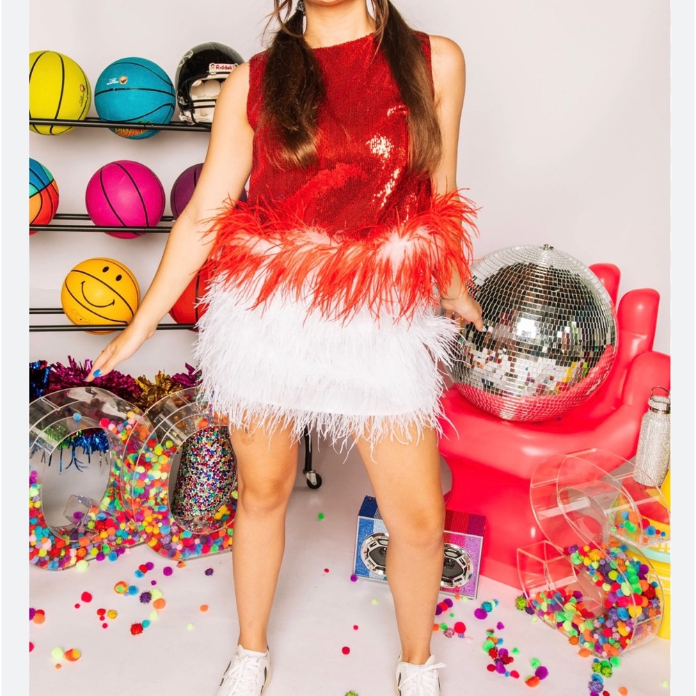 Queen of Sparkles - RED SEQUIN TANK WITH RED & WHITE FEATHERS - Size Large